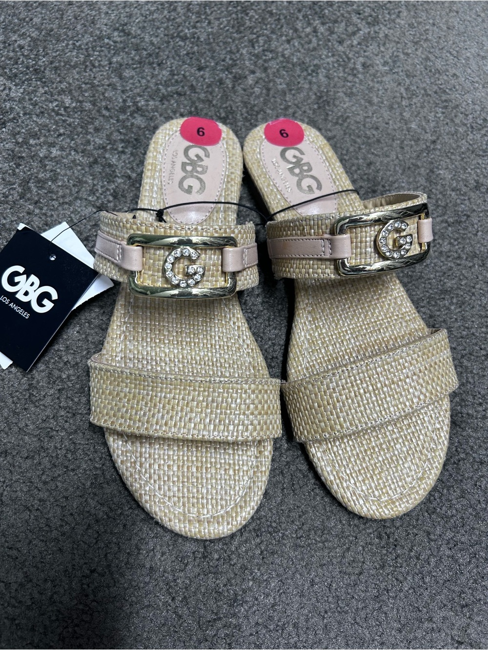 GBG LA Gold-Tan Woven Slide Sandals with Crystal G Buckle